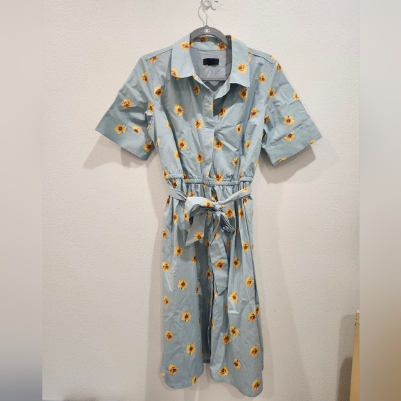 JASON WU BLUE & YELLOW SUNFLOWER SHIRT DRESS W/ COLLAR & TIE SZ MEDIUM PETITE - Picture 2 of 8